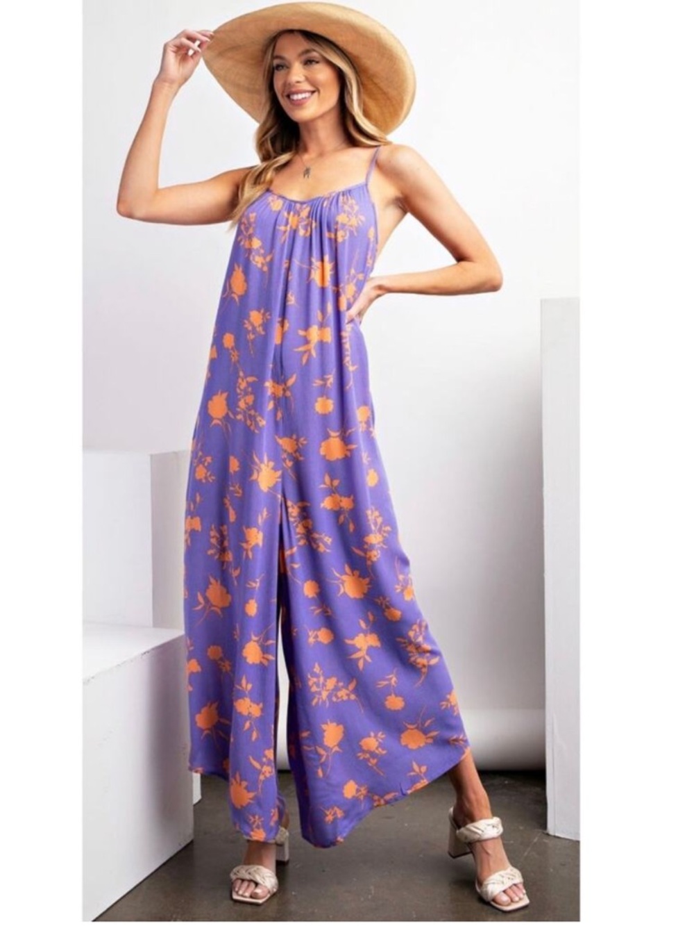 New: Easel Lavender Floral Wide-Leg Jumpsuit with Orange Print• Medium
